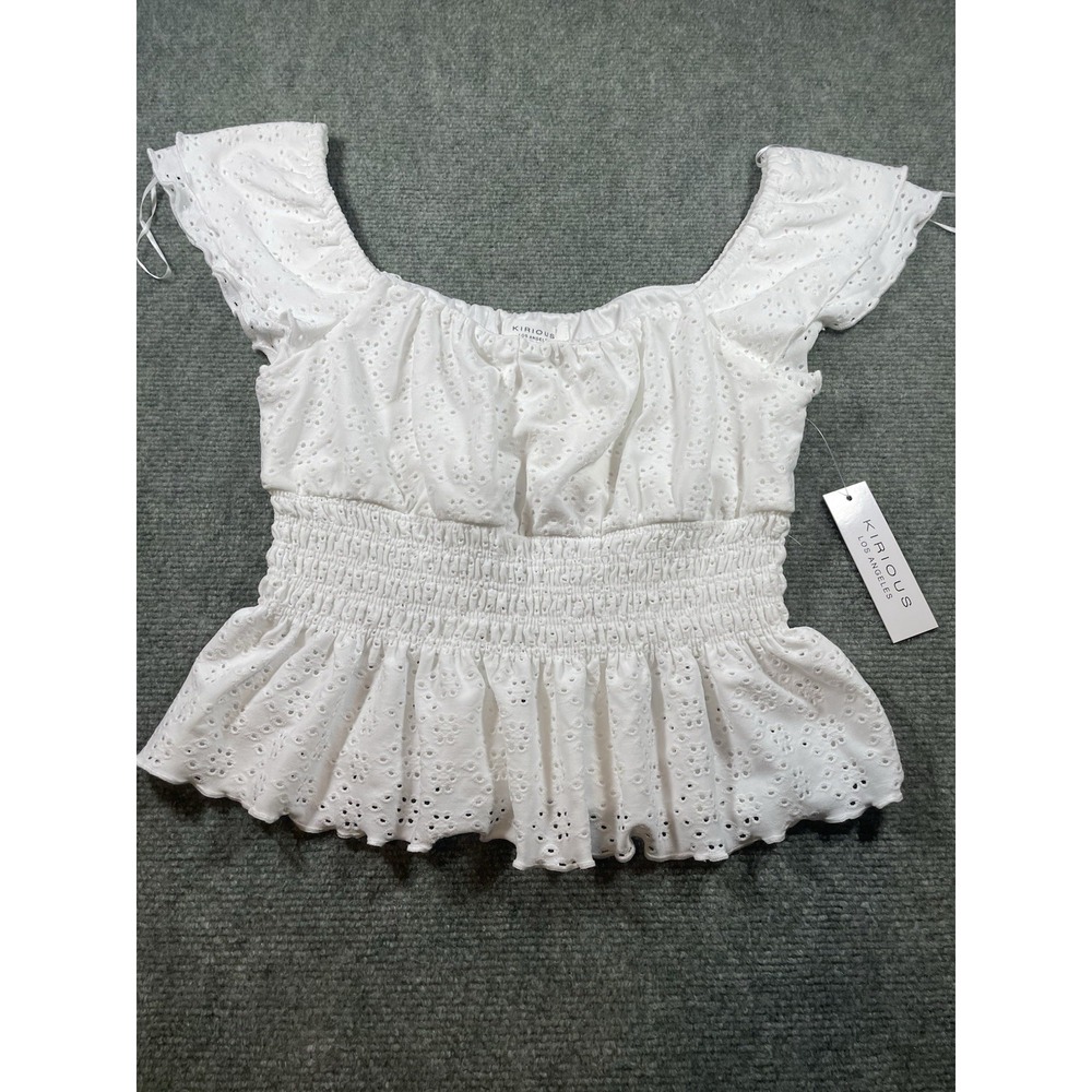 Kirious Los Angeles white eyelet off-the-shoulder smocked peplum top S